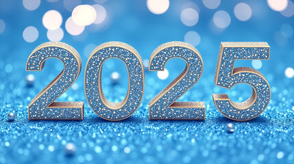 3D glittering, shiny "2025" New Year numbers on a shiny blue glitter background with bokeh lights