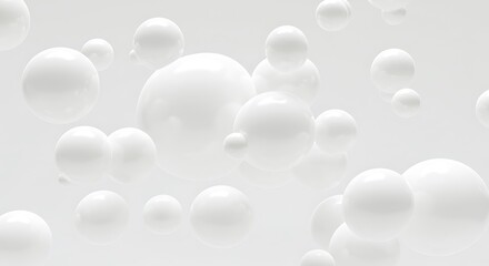 White glossy 3D spheres floating and merging like molecules on a light gray background.