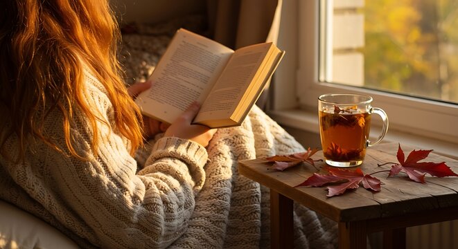 Woman reading a book with a cup of tea by the window.