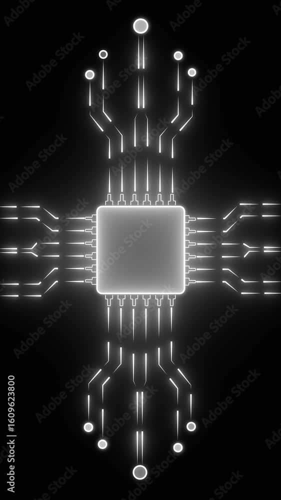 Poster neon chip set on circuit board in futuristic concept technology background. smart network digital sc