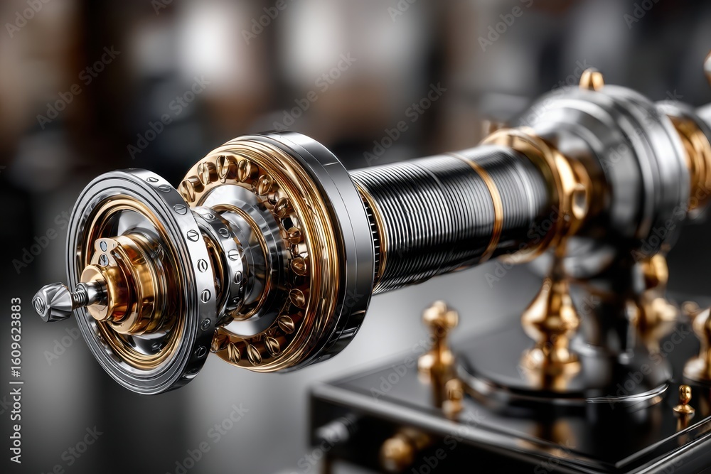 Poster detailed close-up of an intricate mechanical component in a workshop environment