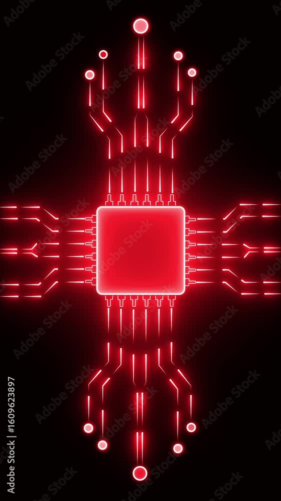 Poster neon chip set on circuit board in futuristic concept technology background. smart network digital sc
