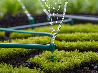 Irrigation and Greenery: A close-up shot captures water gracefully arcing from sprinkler heads, nourishing vibrant green plants and grass in a well-kept garden, fostering the growth and flourishing.