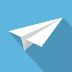 White paper airplane icon in a flat design style with a long shadow on a blue background.
