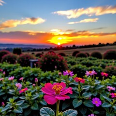 Vibrant Flowers Against Colorful Sunset