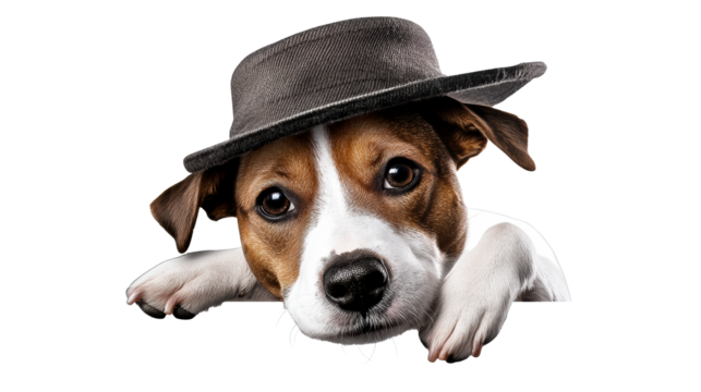 Cute dog wearing a hat looking curiously with a transparent background