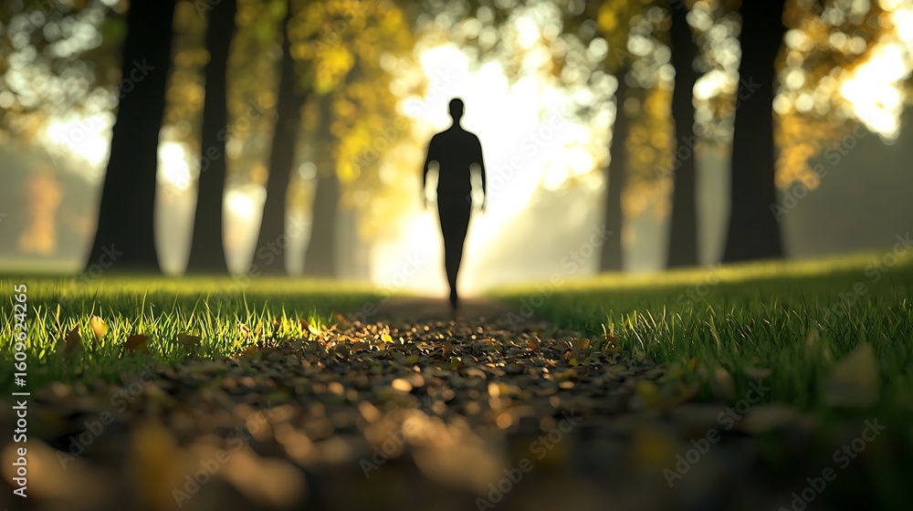 Poster silhouetted person walking on a forest path with sunlight filtering through tall trees, creating a p
