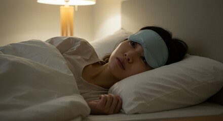 Woman Lying In Bed With Sleep Mask In A Dreamy Atmosphere