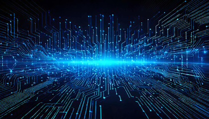 Abstract AI circuit board background. Technology connected blue lines with electronics elements on tech bg. Computer motherboard with a chip, processor, and semiconductor. Digital vector illustration