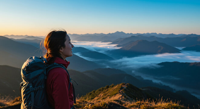 A woman with a backpack gazes at a mountain range shrouded in mist during sunrise, enjoying the scenic view from a high vantage point.