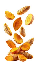 flying turmeric and half slices isolated on transparent white background, clipping path