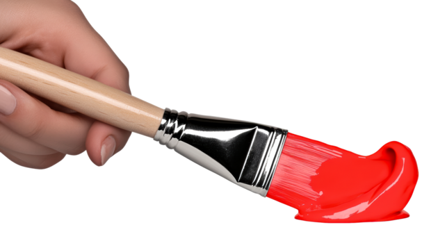 Hand holding paintbrush with vibrant red paint on a clean background - Powered by Adobe