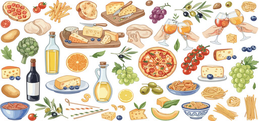 Italian food cooking eatery illustration, vector hand drawn watercolor diner table object pasta. Traditional meal lunch kitchen clipart set wine bottle, different cheese, tomatoes.