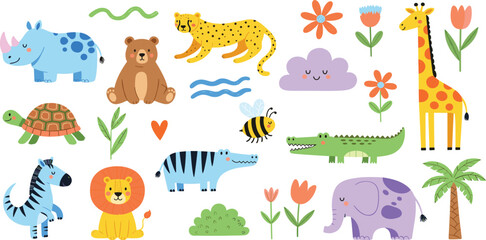 Kids animal doodle set, vector hand drawn childish African scribble, cute cartoon elephant, lion