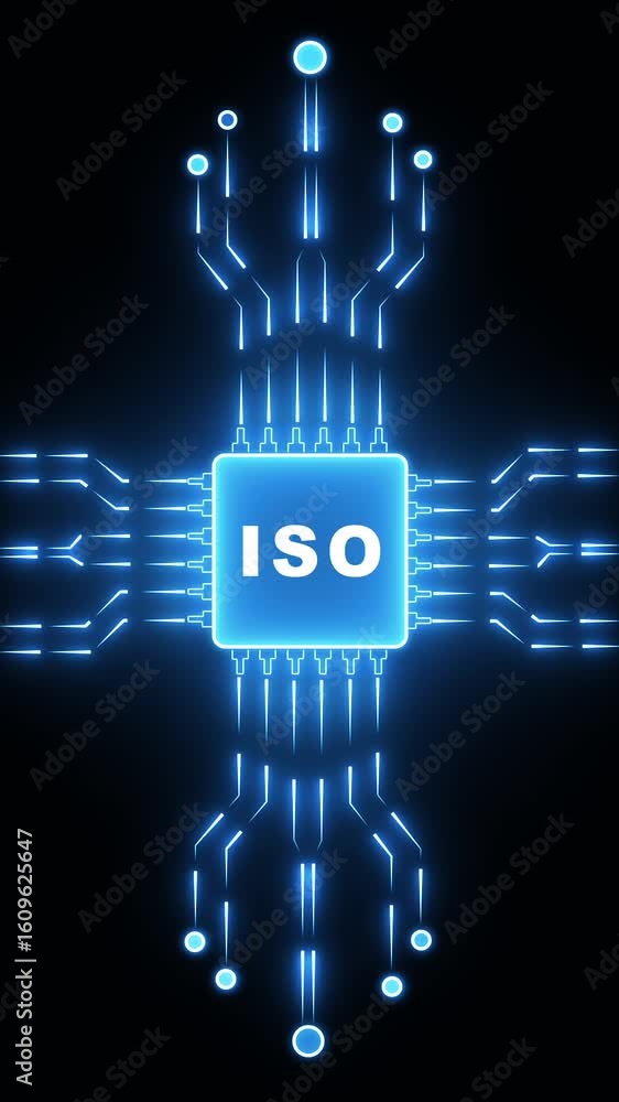 Poster ai-powered digital circuit board communication – glowing neon iso and data transmission concept on b