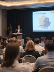 Keynote speaker delivering a presentation to an attentive audience at a B2B conference