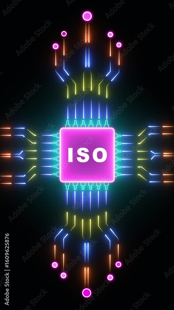 Poster ai-powered digital circuit board communication – glowing neon iso and data transmission concept on b