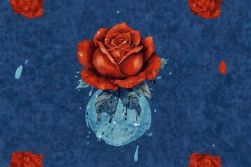  Red rose in blue liquid illustration