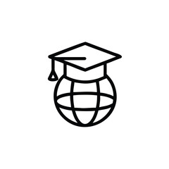Outline graduation cap on a globe icon world education