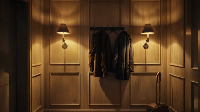 A coat rack with two jackets hanging from hooks