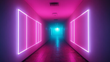 Neon-lit corridor with surreal fog