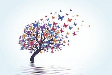 Abstract colorful tree with falling leaves on white background