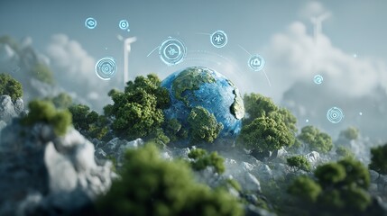 Recycled food waste sphere floats over garden. Green grass, fresh food debris, and recycle symbol. Sunny day