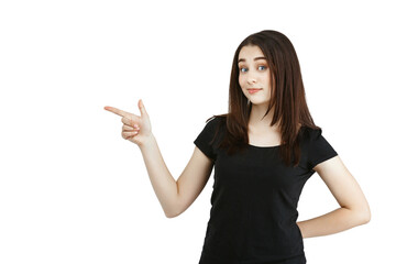 Young beautiful girl in black t-shirt pointing fingers in side over white background