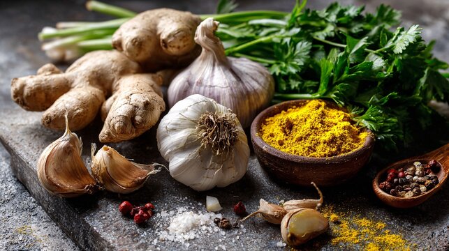 Cooking ingredients like garlic ginger and turmeric arranged with fresh herbs on a stone surface