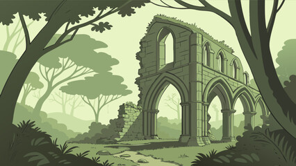 Cartoon ruined abbey landscape drawing vector illustration scenic architecture travel destination background 100