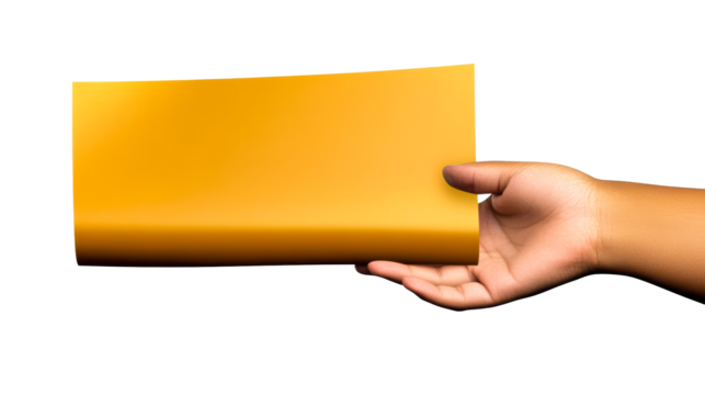 Hand holding a vibrant yellow paper on transparent background