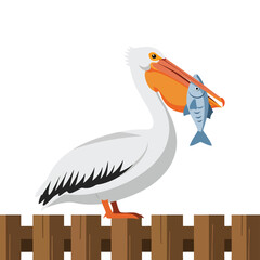 White Pelican with Fish on Wooden Fence Illustration.