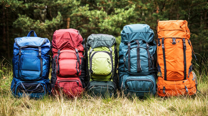 A row of colorful hiking backpacks standing upright in a grassy field with trees in the background.