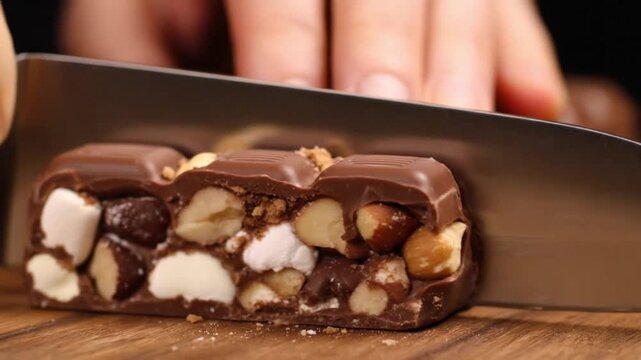A rich chocolate bar filled with nuts and marshmallows sits on a wooden surface