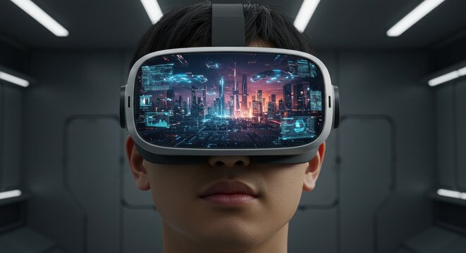 Person wearing VR headset showing futuristic cityscape with flying vehicles