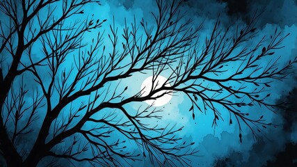 Abstract watercolor style art combination of art blue and black themed background. Tree branches textured art with sense of colors