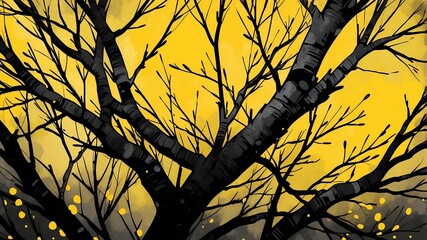 Abstract watercolor style art combination of art black and yellow themed background. Tree branches textured art with sense of colors