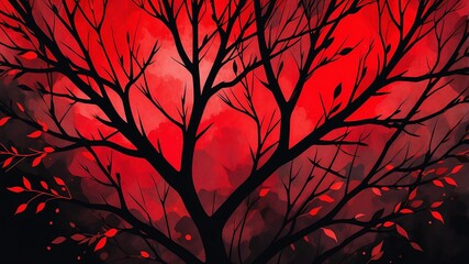 Abstract watercolor style art combination of art black and red themed background. Tree branches textured art with sense of colors