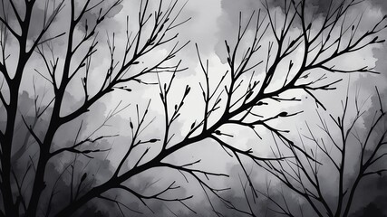 Abstract watercolor style art combination of art black and gray themed background. Tree branches textured art with sense of colors
