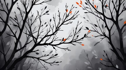 Abstract watercolor style art combination of art black and gray themed background. Tree branches textured art with sense of colors