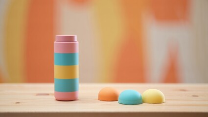 Pastel colored bottle and candies create a playful and vibrant scene perfect for a cheerful mood