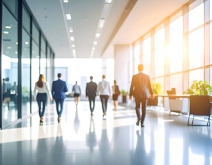 Blurry view of business people walking in a modern office hallway