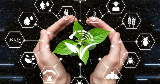Hands holding a seedling with smart farming technology icons