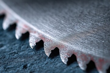 Close up of the Blade of a Used Metal Saw with Sharp Teeth on Blue Background
