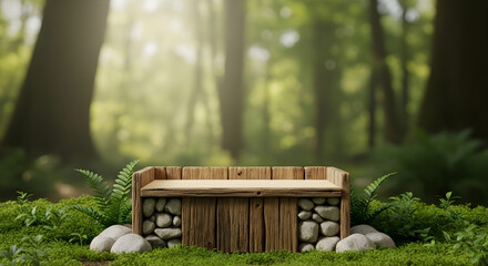Rustic Wooden Bench with Stone Accents in Forest Setting.
