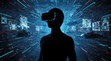 Silhouette of person wearing VR headset in futuristic digital cityscape
