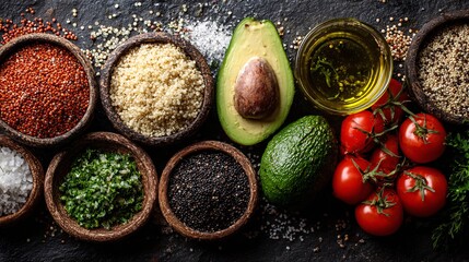Assorted raw ingredients including quinoa avocado tomatoes and herbs displayed in bowls