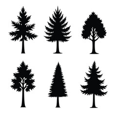 Fototapeta premium Six black tree silhouettes with varied foliage and branch structures trees white
