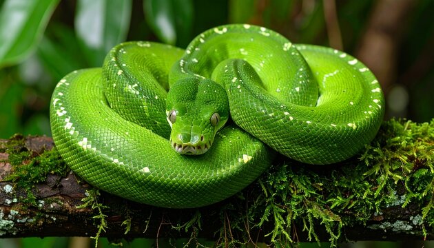 Medium close-up photo of a coiled vibrant green tree python resting on a mossy branch, striking emerald scales