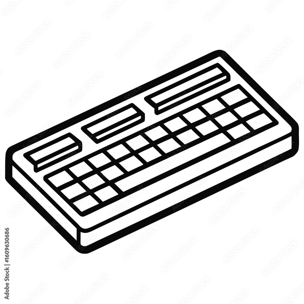 Poster clean outline illustration of a computer keyboard with keys and symbols isolated on white background